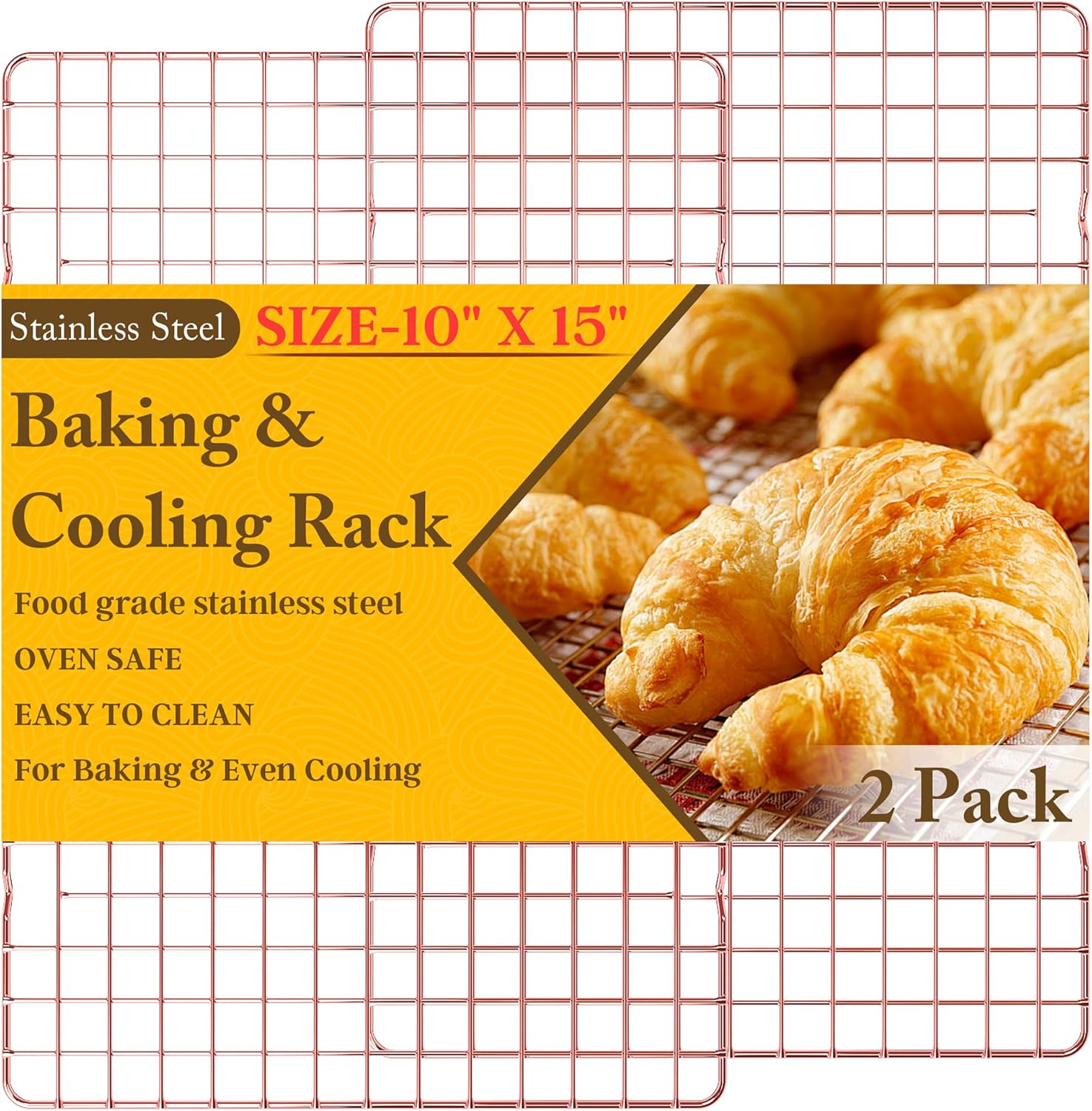 2-Pack Cooling Racks for Cooking and Baking - 10" x 15"Heavy Duty Stainless Steel Wire Rack for Baking, Grilling, Roasting - Oven & Dishwasher Safe - Fits Jelly Roll Sheet Pan（Rose Gold）