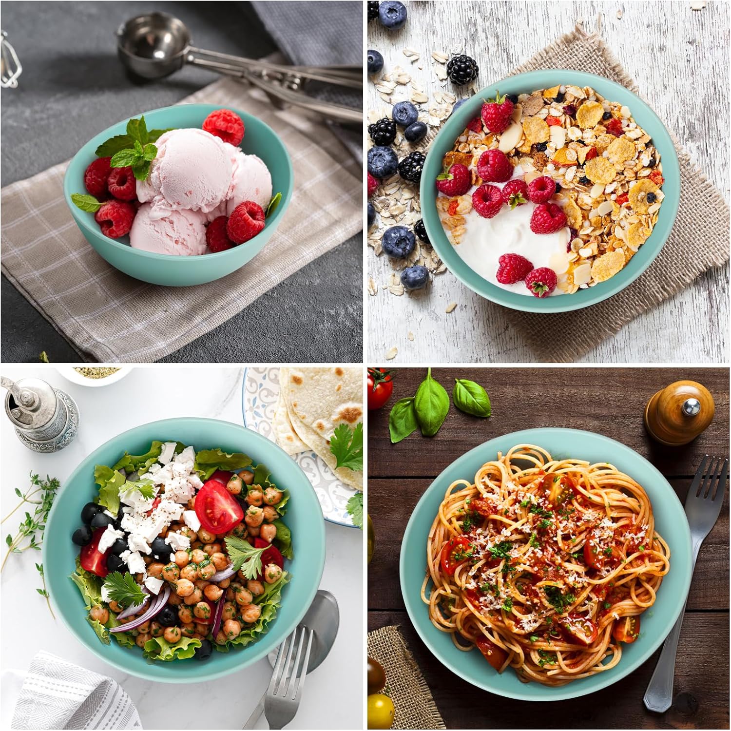 6.2'' Bamboo Fiber Cereal Bowls Set of 6, Soup Bowls 24 Oz for Serving Salad, Snack, Side Dishes, Colourful Oval Lightweight Bowls for Breakfast, Lunch and Dinner, Dishwasher&Freezer Safe (Turquoise)