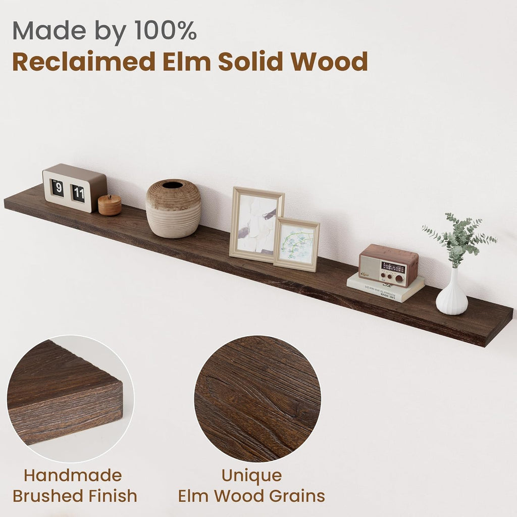 Floating Shelves for Wall Decor, 8 Inch Deep Rustic Solid Elm Wood Floating Shelves Wall Mounted, Wall Shelves with Invisible Bracket for Living Room Bathroom Bedroom Kitchen, 72 Inch Set of 1, Walnut