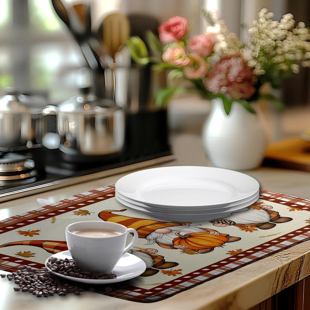 Fall Pumpkin Gnomes Dish Drying Mat Maple Leaves Autumn Large Kitchen Mats Dish Drying Pad Absorbent Dish Dryer Mat for Kitchen Countertops Microfiber Drainer Pad Dish Drying Mats (18x24 in)