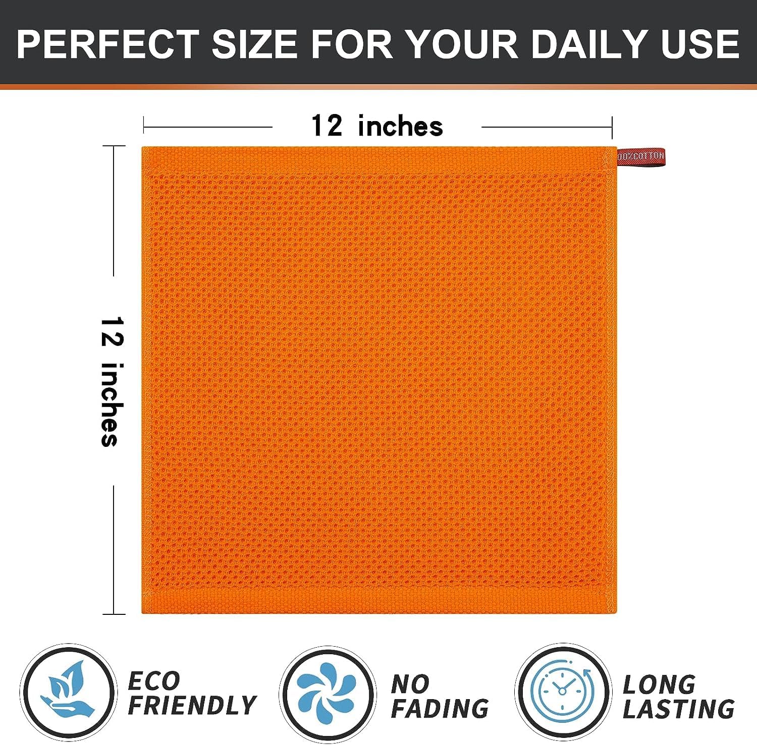 Kitinjoy 100% Cotton Kitchen Dish Cloths, 12 Pack Waffle Weave Ultra Soft Absorbent Dish Towels for Drying Dishes Quick Drying Kitchen Towels Dish Rags, 12 X 12Inch, Orange