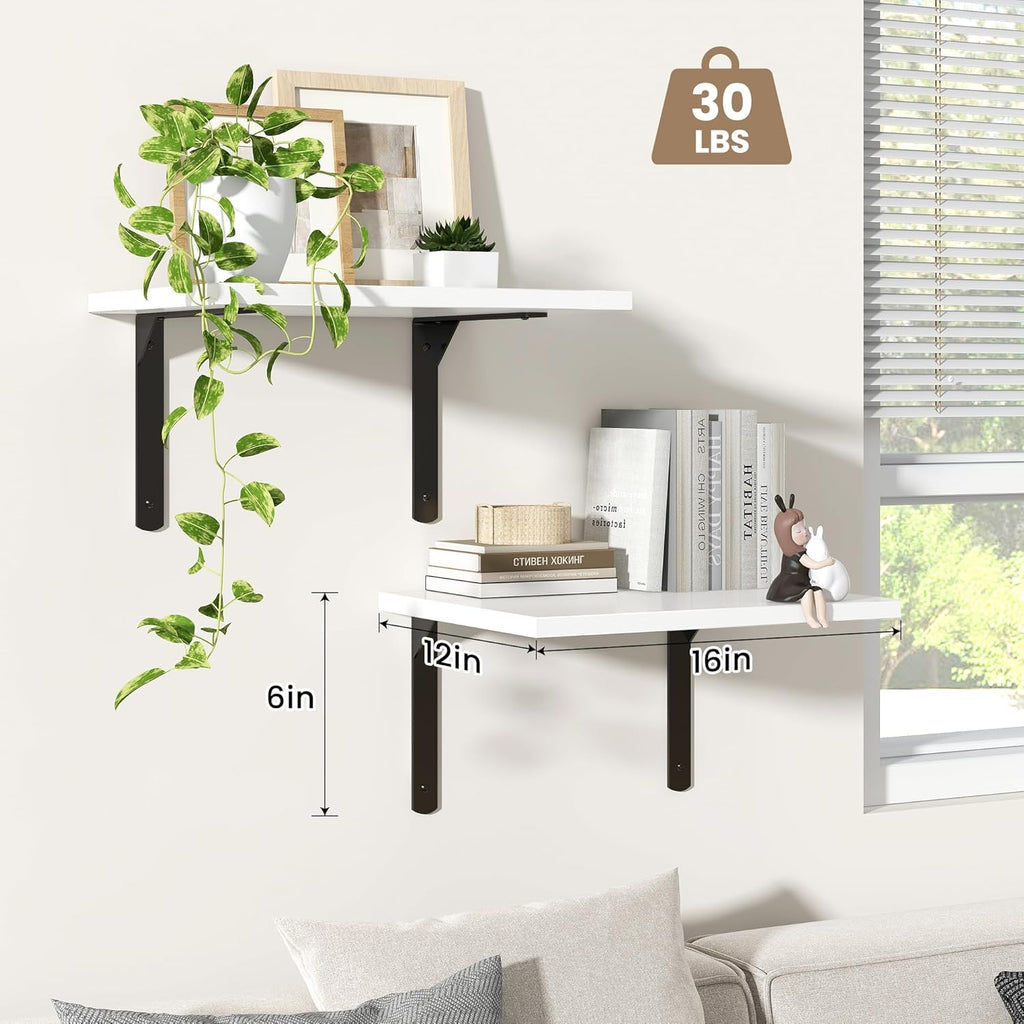 Fun Memories Floating Shelves for Wall, 12 Inch Deep Floating Shelves Set of 2, Wall Mounted Shelf with Metal Brackets, Rustic Wood Wide Shelf for Bathroom, Kitchen and Living Room, White, 16W x 12D