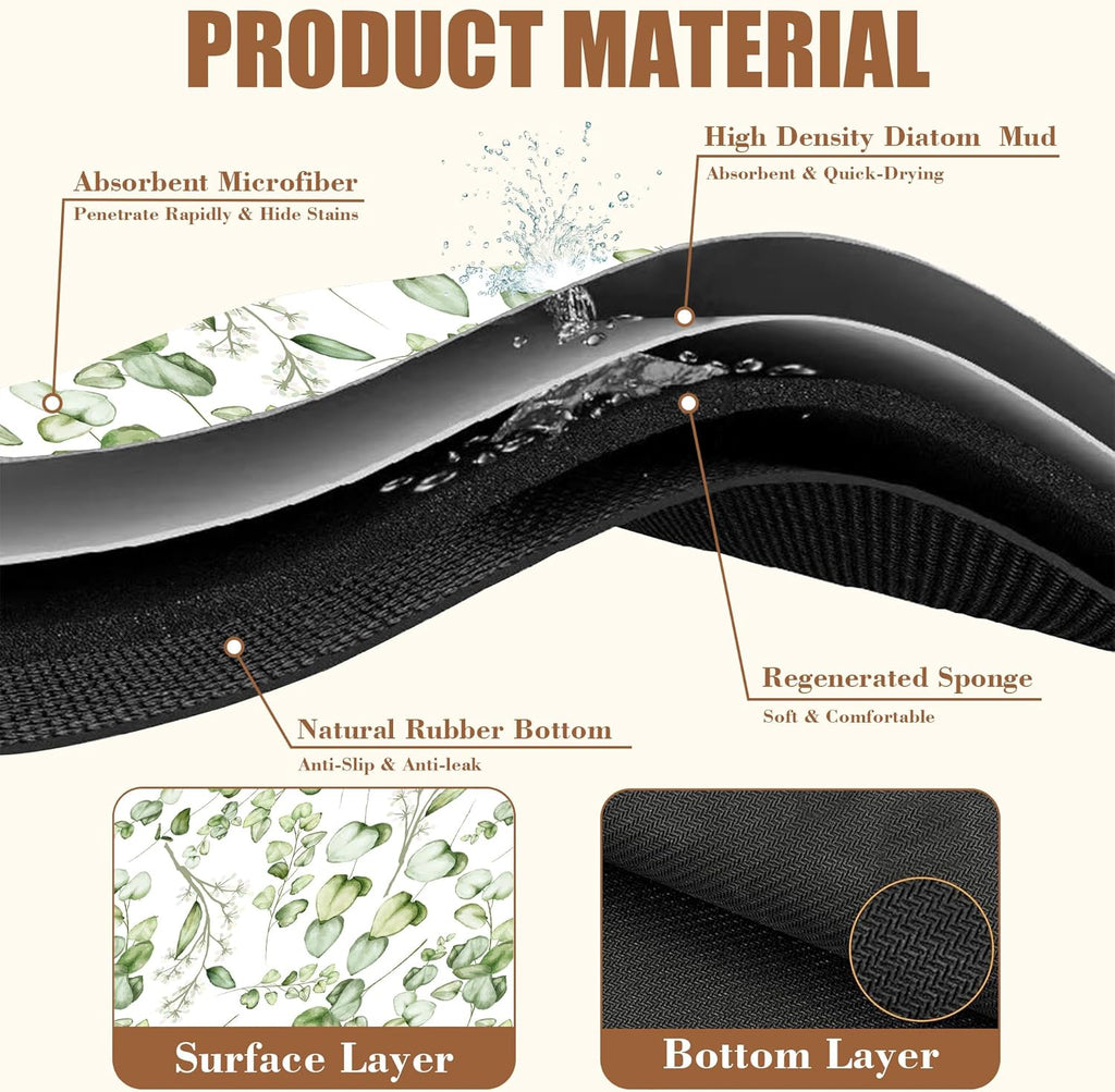 Eucalyptus Leaves Dish Drying Mat for Kitchen Counter Coffee Mat Hide Stain Absorbent Rubber Backed Drying Rack Pad Espresso Machine Coffee Bar Accessories 15.7 x 23.6 Inch