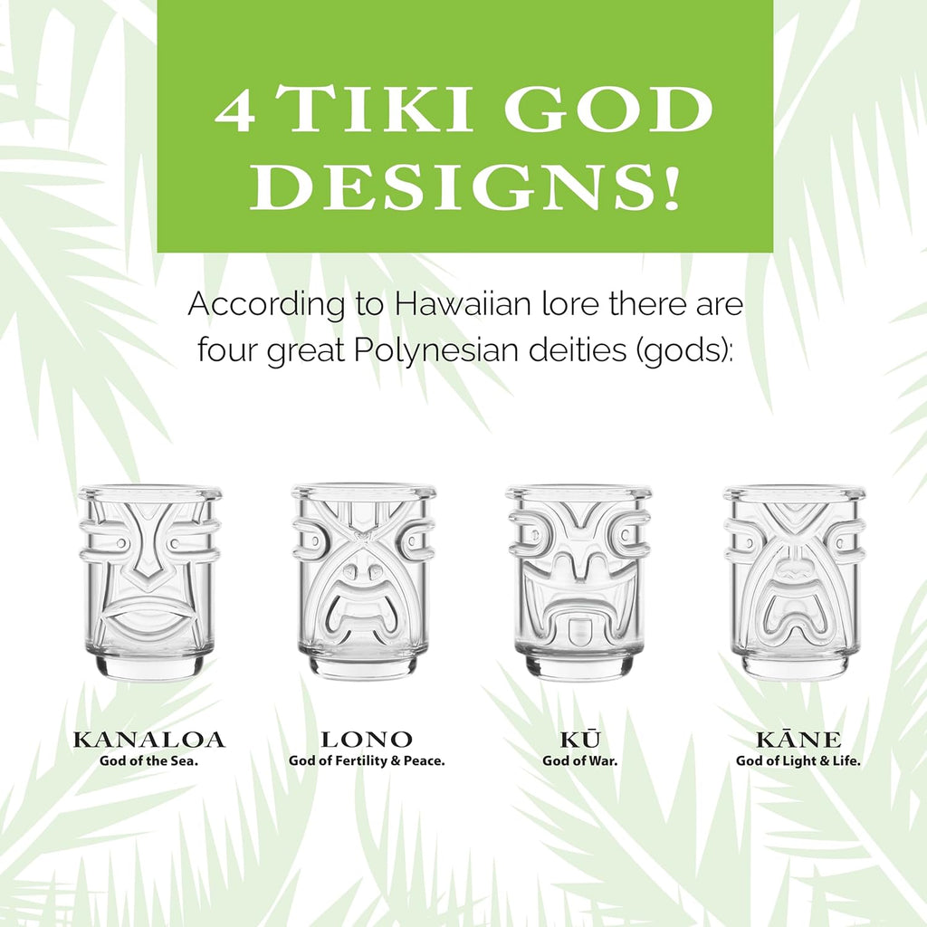 Final Touch Tiki Shot Glasses Set of 4 - Kanaloa, Lono, Kū, Kāne Designs, 2 oz (60 ml), Clear, Stackable Totem Pole Storage, Durable Glassware for Tropical Shots (TK5301)