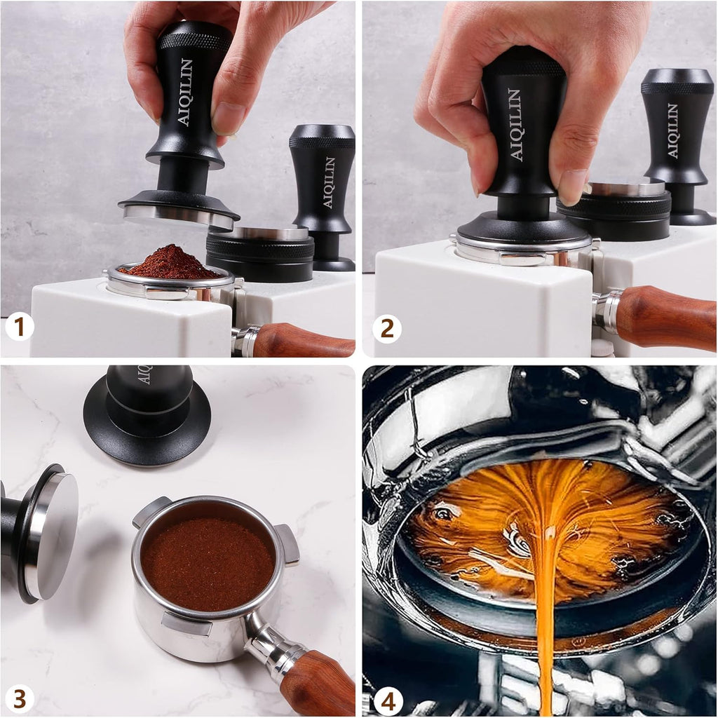 Espresso Tamper, Constant 30lb Coffee Tamper with double Calibrated Spring Loaded, Stainless Steel double spring loaded Coffee Tamper Fits for All Portafilters- Flat Base (53mm, BLACK)