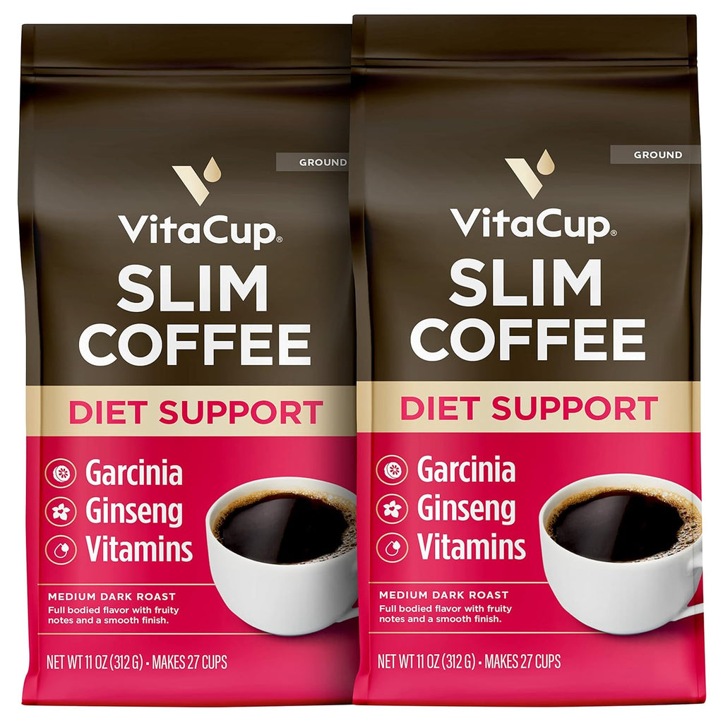 VitaCup Slim Ground Coffee, Diet Support with Ginseng, Garcinia, B Vitamins, Medium Dark Roast, Bold and Smooth,100% Arabica Specialty Coffee Grounds, 2 bags, 11oz each