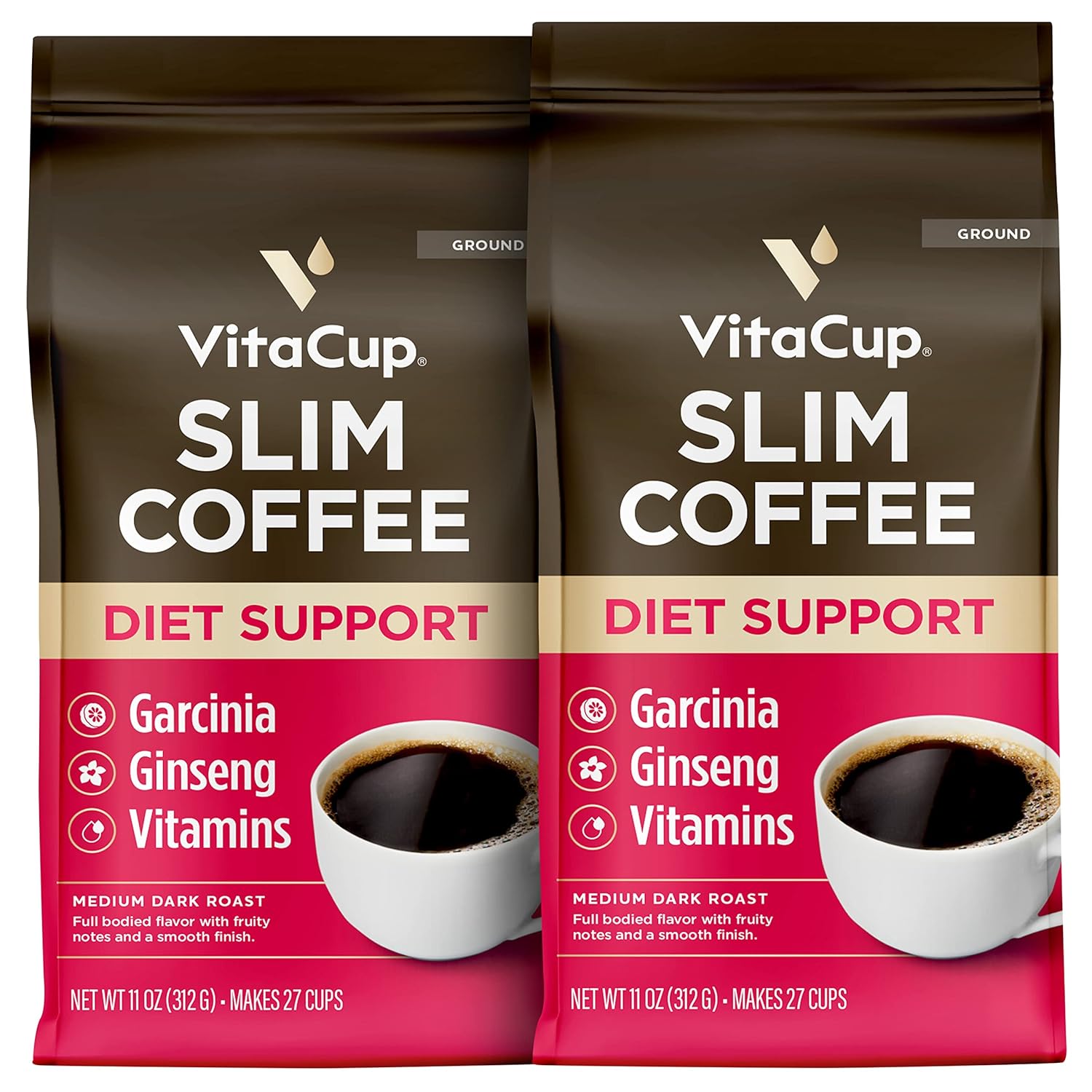VitaCup Slim Ground Coffee, Diet Support with Ginseng, Garcinia, B Vitamins, Medium Dark Roast, Bold and Smooth,100% Arabica Specialty Coffee Grounds, 2 bags, 11oz each