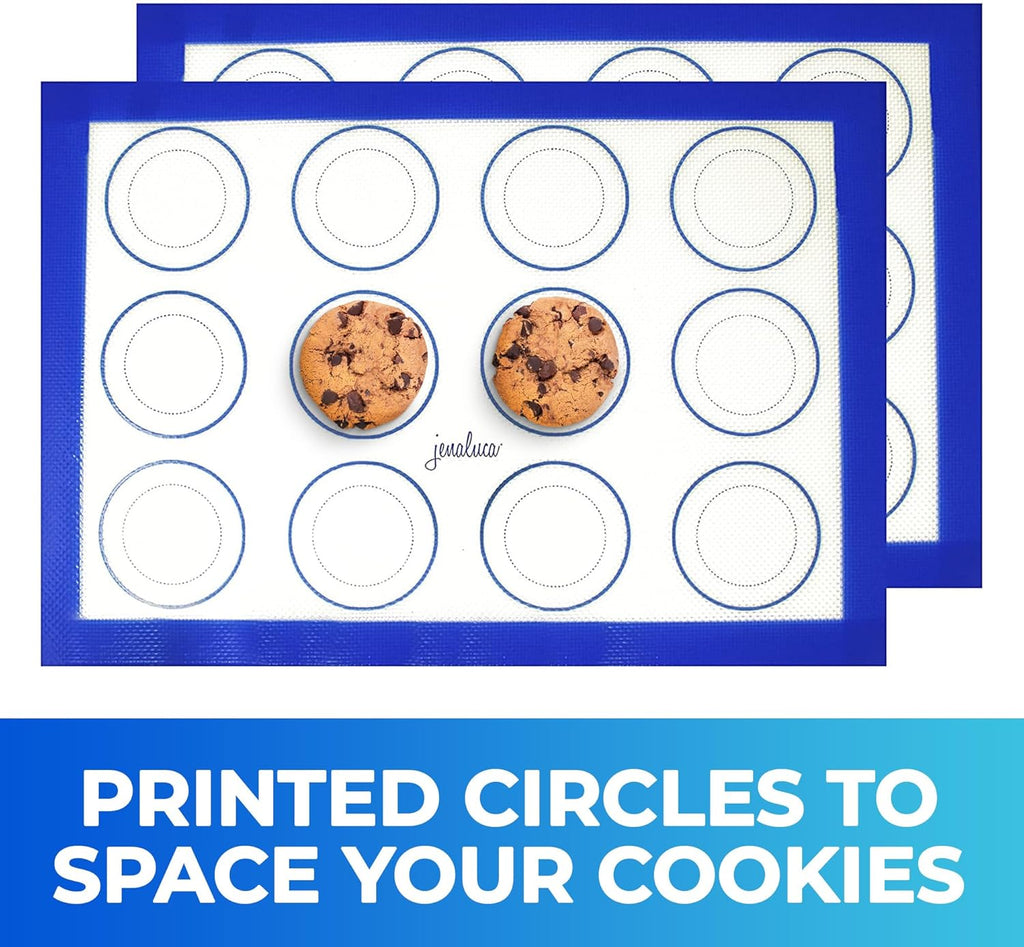 Jenaluca Silicone Baking Mats 2 Pack - Non-Stick Mats with Cookie Measurements Reusable Food Grade Silicone for Cookies, Pastries & Meal Preparation - Non Slip - 16.5 x 11.6