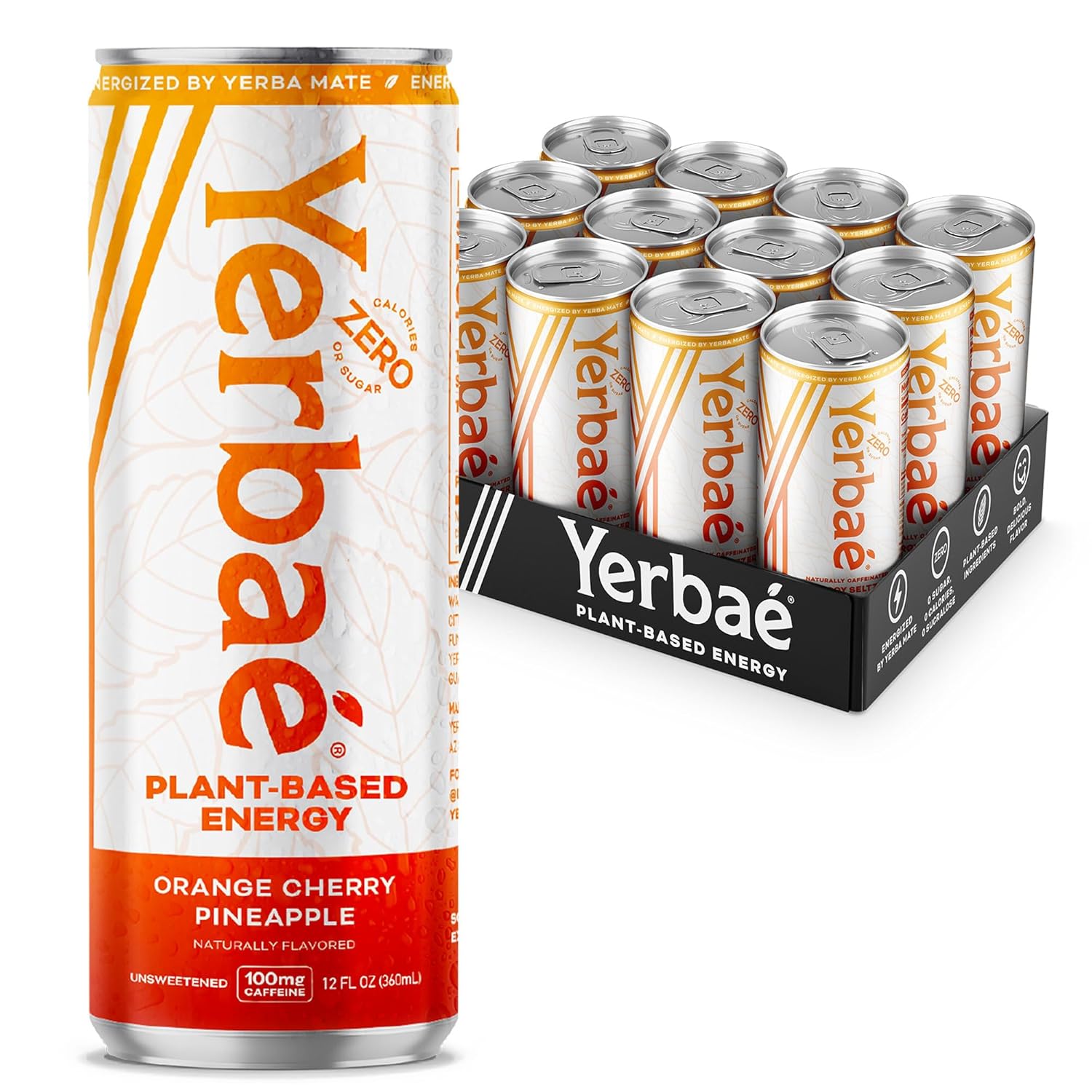 Yerbaé Energy Seltzer - Orange Cherry Pineapple No Sugar/Calories/Carbs. Energized by Yerba Mate, Naturally Caffeinated Plant-Based, Healthy Alternative to Coffee/Sugary Sodas, Pack of 12, 12oz cans