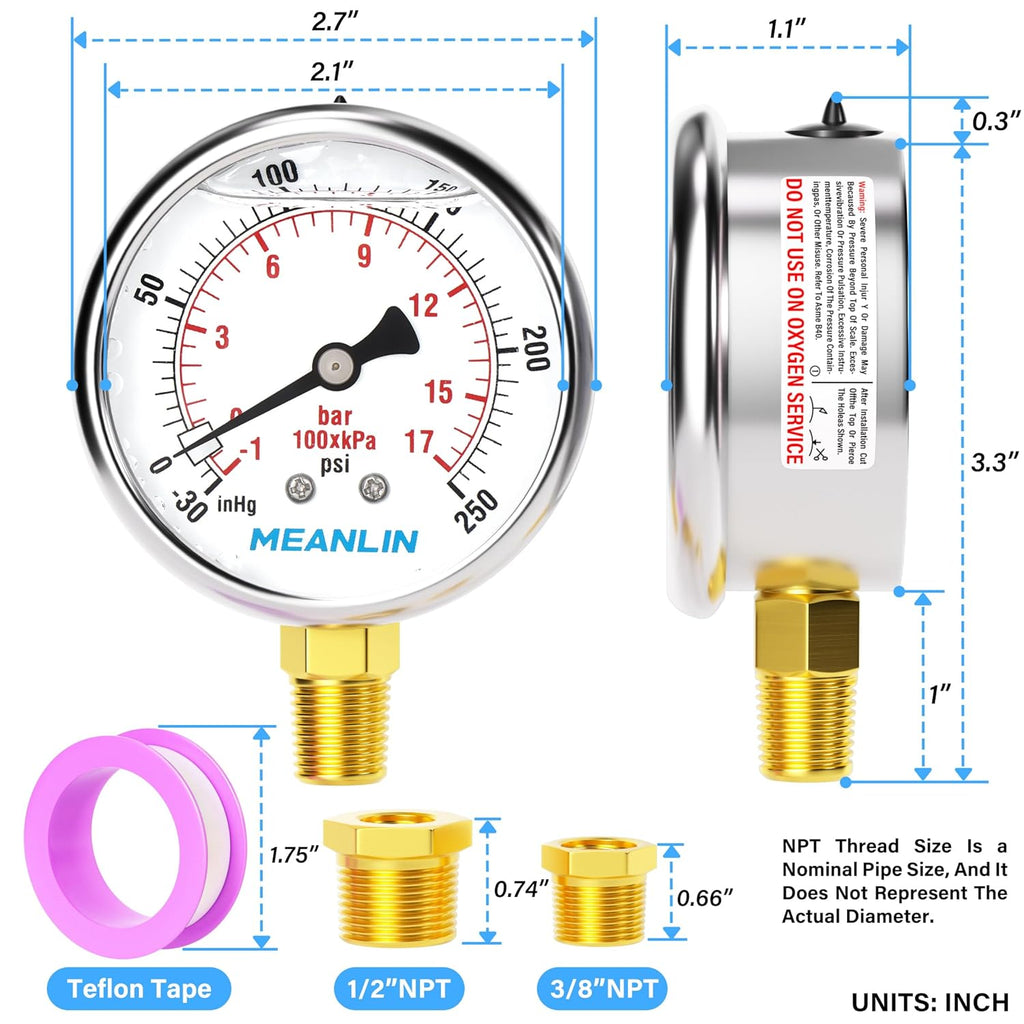 MEANLIN MEASURE -30inHG~250Psi Stainless Steel 1/4" NPT 2.5" FACE DIAL Vacuum Pressure Gauge, Lower Mount, with 1/4" x 1/2" NPT and 1/4" x 3/8" NPT Hex Bushing