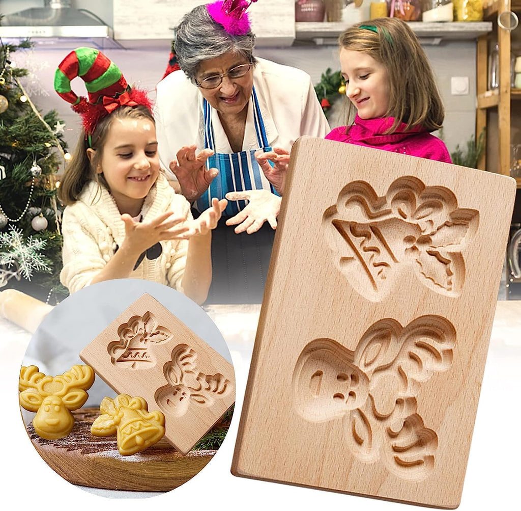 Wooden Cookie Biscuit Mold, 3D Baking Mold, Embossing Craft Decorating Baking Tool, Suitable for Halloween Thanksgiving Christmas Kitchen DIY (Bell Deer)