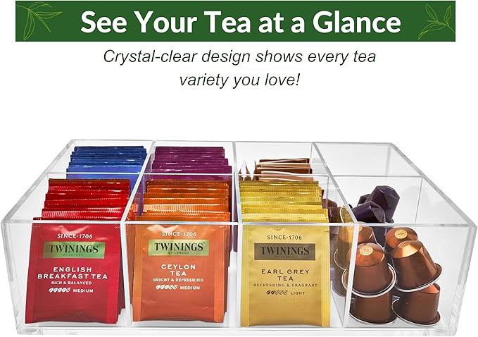 Acrylic Tea Bag Organizer - Clear Tea Storage Box, K Cup Coffee Pods Holder with 8 Compartments, Tea Station Organizer for Countertop, Modern Tea Display Stand