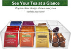 Acrylic Tea Bag Organizer - Clear Tea Storage Box, K Cup Coffee Pods Holder with 8 Compartments, Tea Station Organizer for Countertop, Modern Tea Display Stand