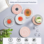 Table Coaster for Drinks Set of 6, Coral Watercolor Series Round Ceramic Coasters,with Cork Base and Metal Holder,Great Housewarming Birthday Gifts,Home Decor