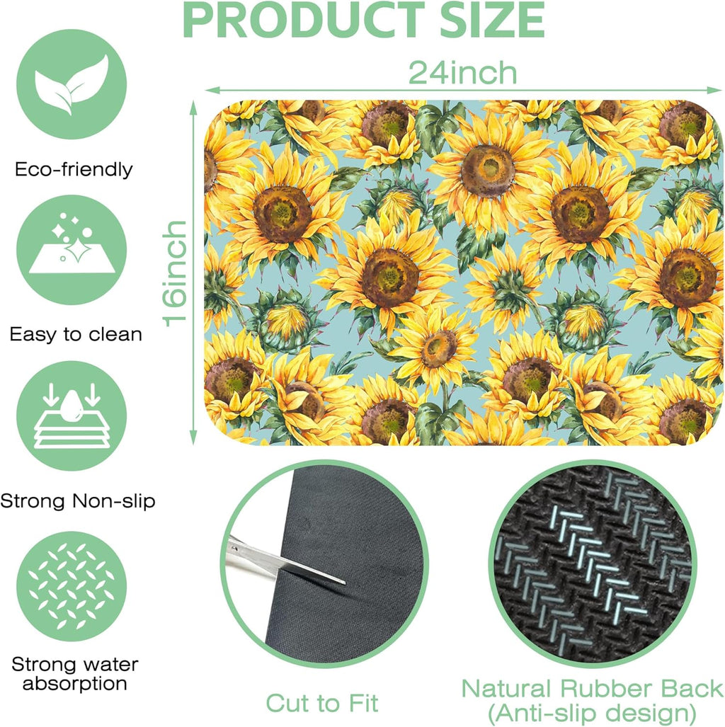 Dish Drying Mat Watercolor Rustic Sunflower Dish Drying Pad,16"X24" Bsorbent Coffee Mat for Sink Dishes or Under Rack Kitchen Counter Accessories Absorbent Hide Stain Rubber Backed Drying Mat