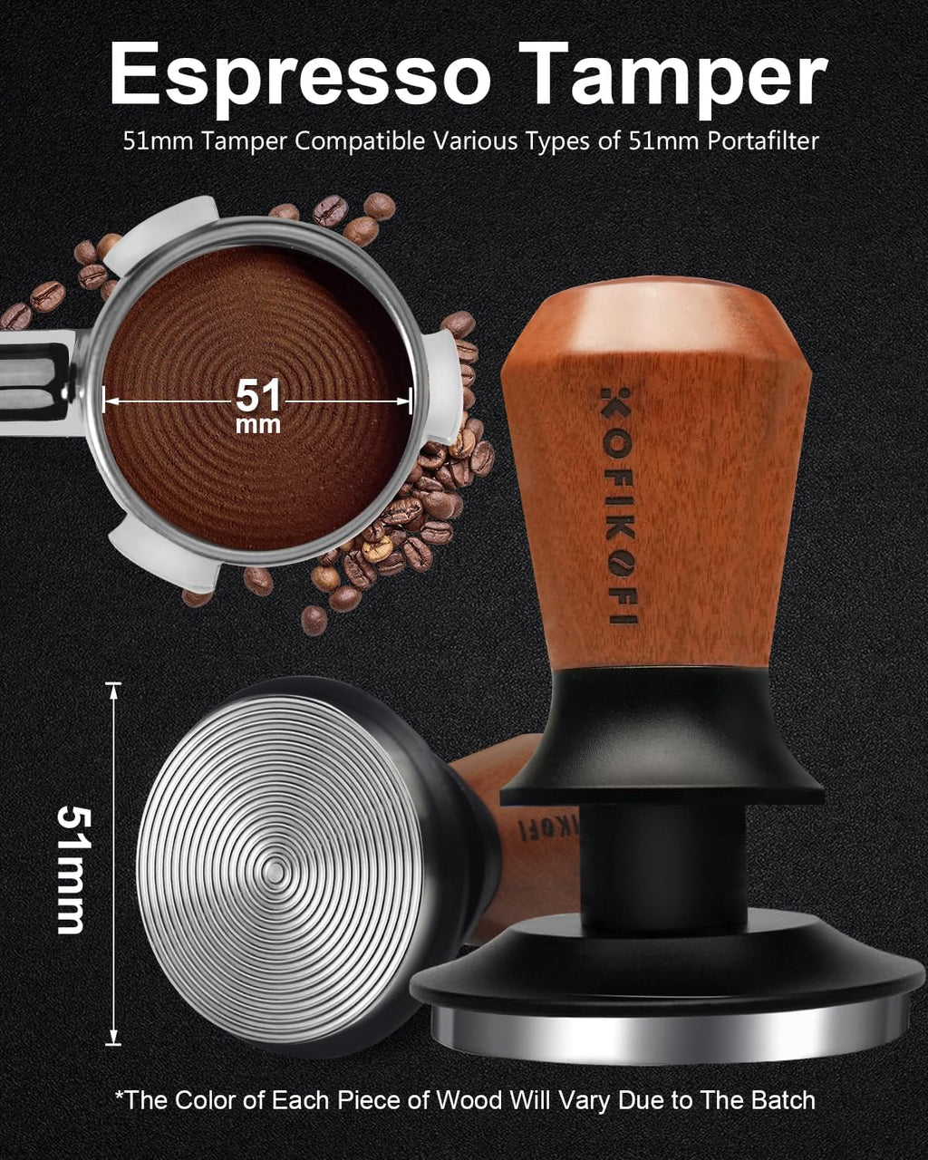 51mm Espresso Tamper, Coffee Tamper with 30lbs Spring Loaded, Barista Espresso Coffee Tamper with Stainless Steel Ripple Base and Rosewood Handle Fits for All 51mm Espresso Machines