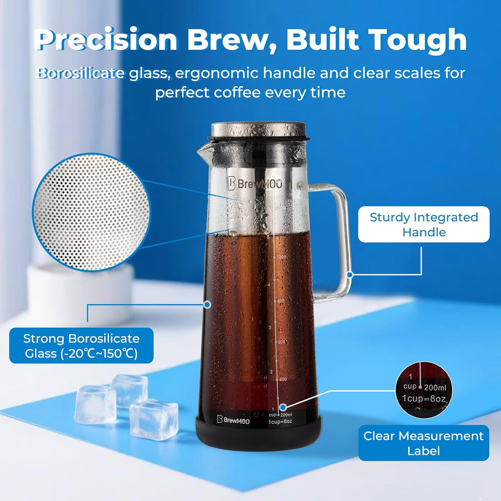 Cold Brew Coffee Maker (1.4L/48oz) - Sleek Borosilicate Glass Pitcher with 100um 304 Stainless Steel Filter, Non-Slip Base & Airtight Lid, Effortless Manual + Recipes for Beginner (Black)