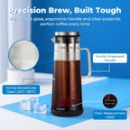 Cold Brew Coffee Maker (1.4L/48oz) - Sleek Borosilicate Glass Pitcher with 100um 304 Stainless Steel Filter, Non-Slip Base & Airtight Lid, Effortless Manual + Recipes for Beginner (Black)