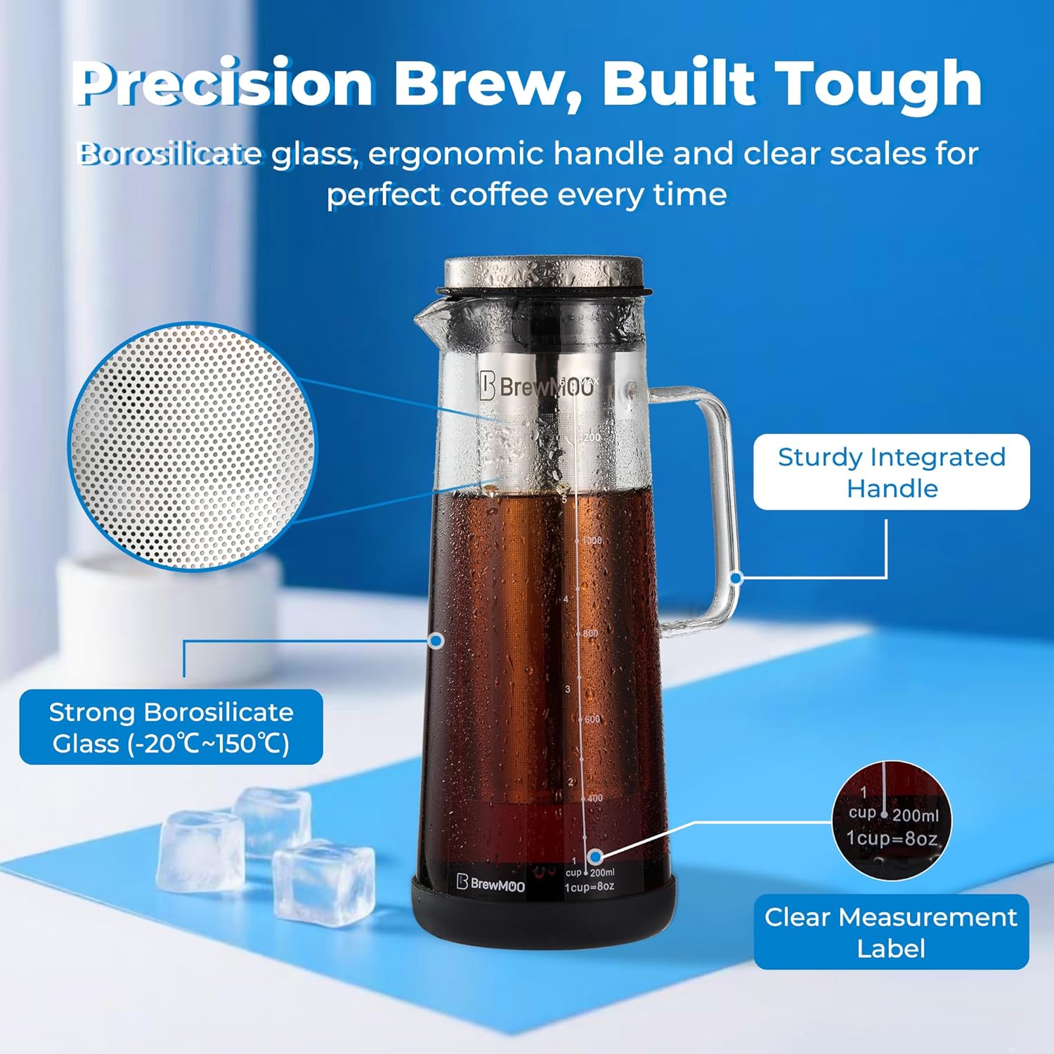 Cold Brew Coffee Maker (1.4L/48oz) - Sleek Borosilicate Glass Pitcher with 100um 304 Stainless Steel Filter, Non-Slip Base & Airtight Lid, Effortless Manual + Recipes for Beginner (Black)