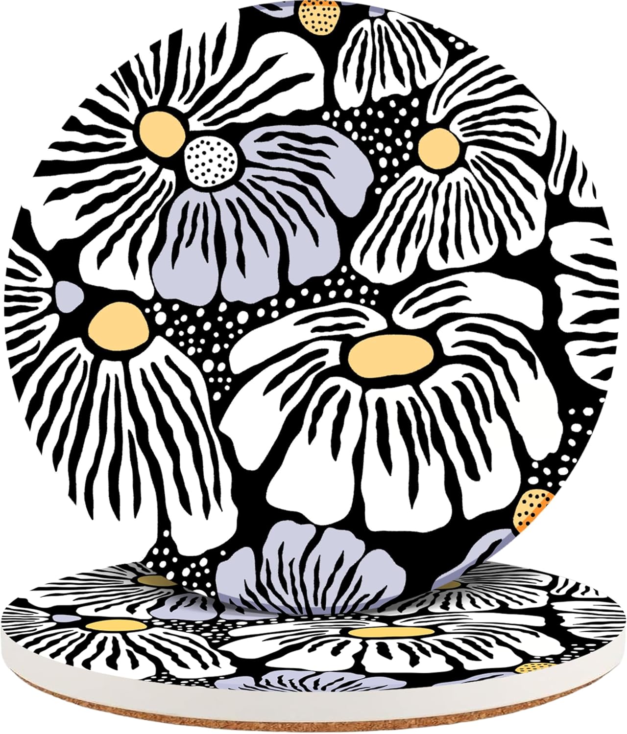 Ceramic Coasters Set of 2, Absorbent Drink Coasters with Cork Backing, Round Floral Cup Mats for Table Protection, Durable Anti-Scratch Home Kitchen Bar Décor, Housewarming Gifts – Wild Mums 2pcs