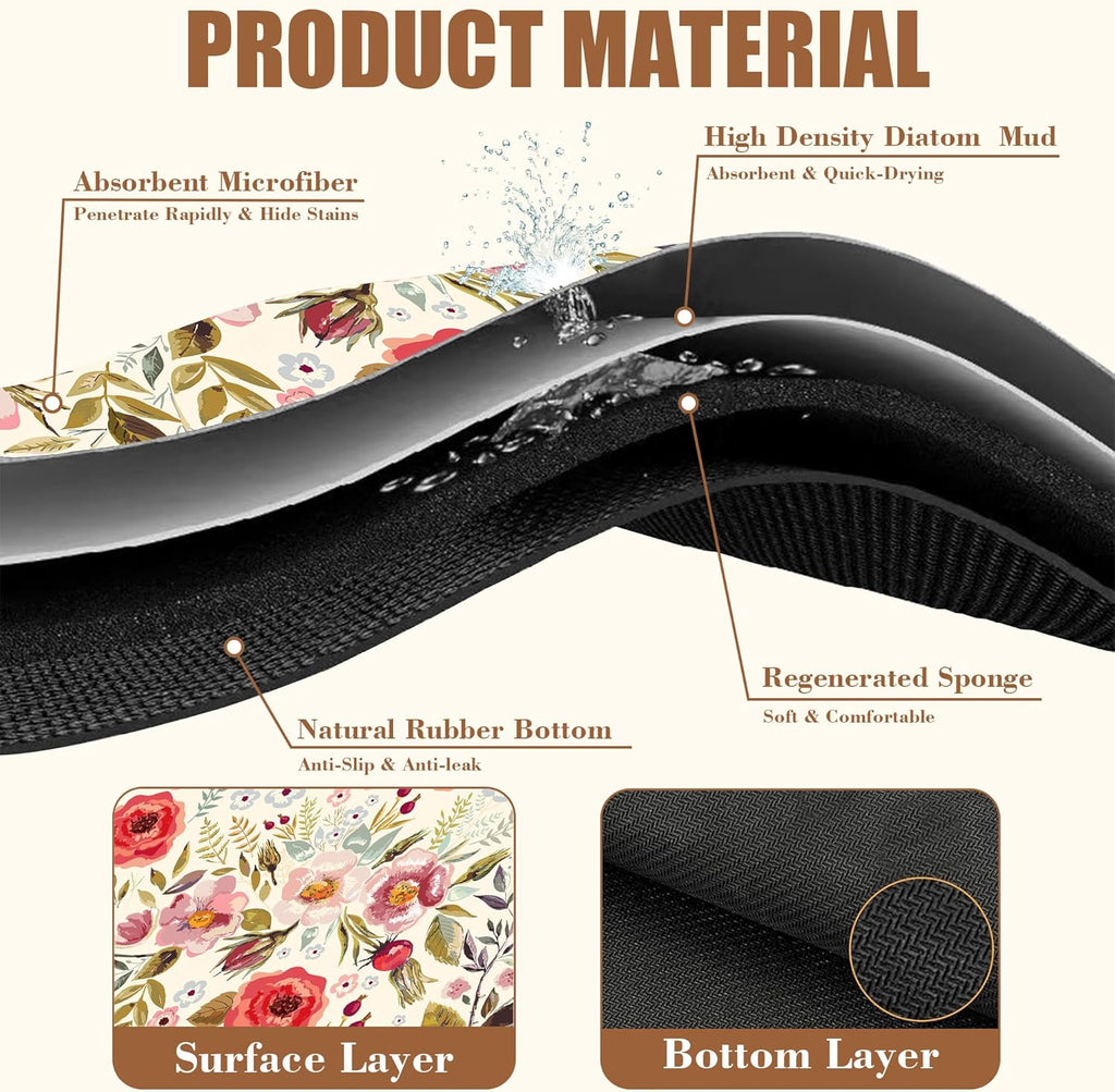 Vintage Flowers Coffee Mat Rose Berries Dish Drying Mat for Kitchen Counter Hide Stain Absorbent Rubber Backed Coffee Bar Accessories Fit Under Espresso Machine Dish Drainer, 11.8 x 19.7 Inch