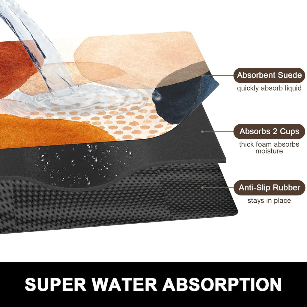 Rnivvi Dish Drying Mat for Kitchen Counter, 16 x 18" Cute Boho Theme Absorbent Heat Resistant Drying Pad with Non-slip Rubber, Coffee Bar Mats for Coffee Machine Dish Rack, Abstract Stones Art