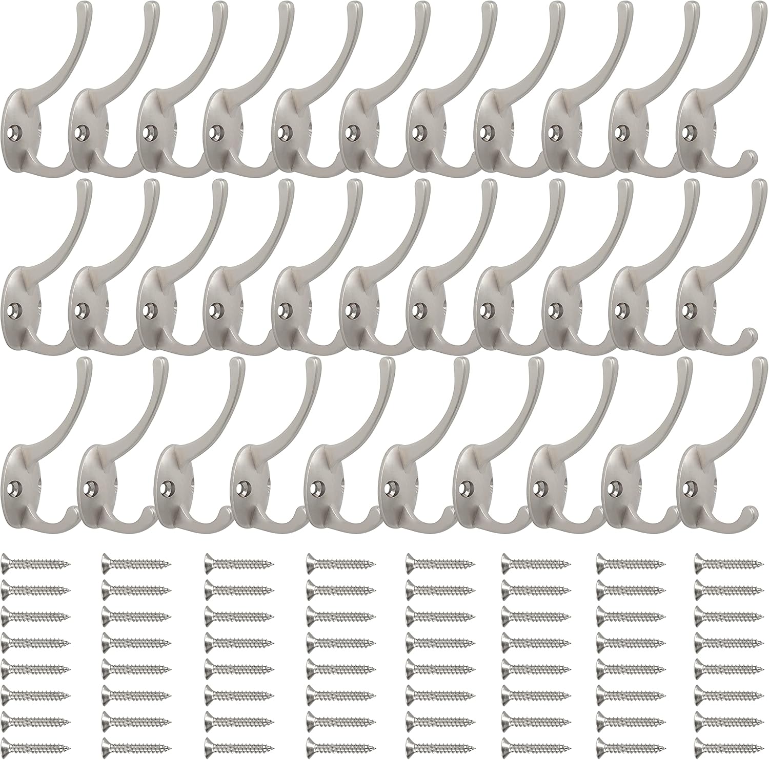 IBosins 32 Pack Silver Coat Hooks Wall Mounted with 64 Screws Retro Double Hooks Utility Silver Hooks for Coat, Scarf, Bag, Towel, Key, Cap, Cup, Hat