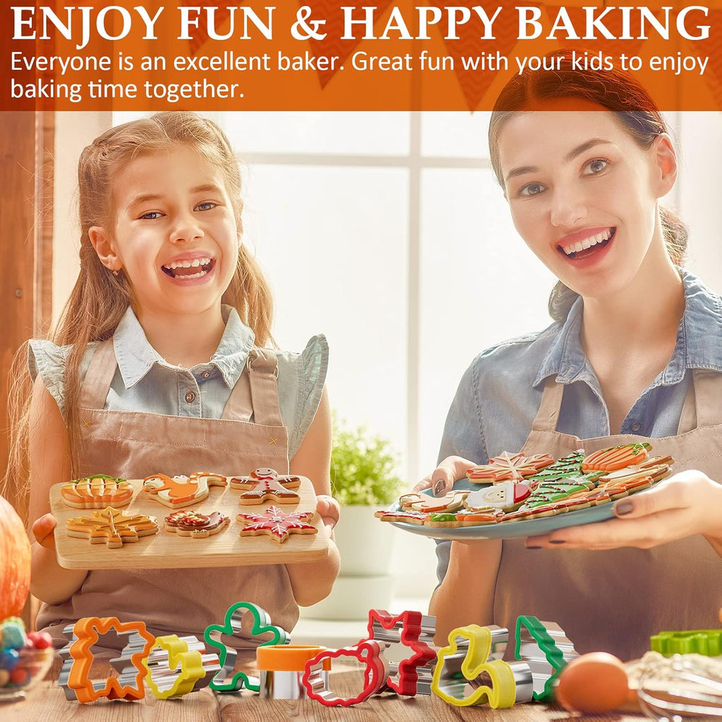 Fall Thanksgiving Cookie cutters Set 8 Pieces, Holiday Christmas Cookie Cutters Pumpkin Leaf Baking Cutters Shapes for Kids with Comfort Grip, Gingerbread Man, Turkey, Squirrel, Xmas Tree, Santa, etc