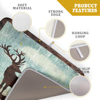 Retro Deer Forest Cabin Silhouette Dish Drying Mat Countertop 18x24 Fall Blue Sky Cloud Cartoon Elk Wild Animal Bushes Drainer Mat Pine Tree Grass Dishes Pad Rustic Moose Dish Drainer Rack