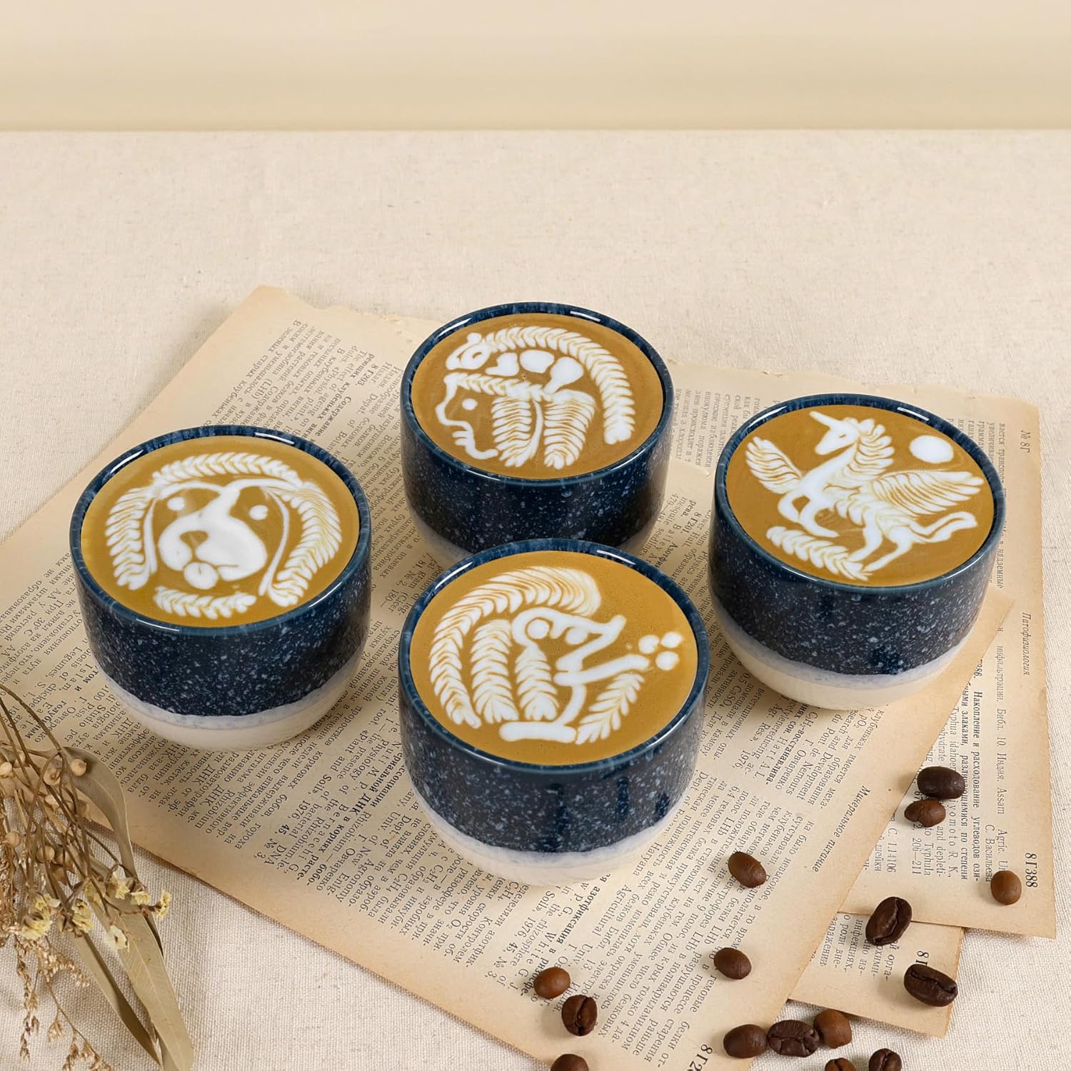 Ceramic Espresso Cups Set of 4, Double Walled Espresso Coffee Mugs for Nespresso Cups, Special glazed Demitasse Cups Coffee Cup for Machine (Blue)