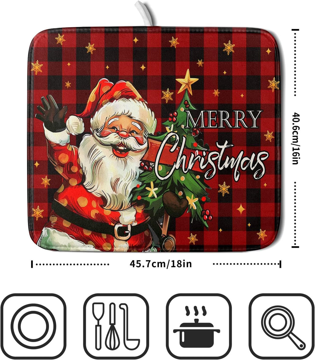 Merry Christmas Santa Claus Red Buffalo Plaid Dish Drying Mat for Kitchen Counter,Winter Snowflake Xmas Tree Drying Mat 16 x 18 Inch with Absorbent Reversible Microfiber Dish Drying Pad for Coffee Bar