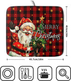 Merry Christmas Santa Claus Red Buffalo Plaid Dish Drying Mat for Kitchen Counter,Winter Snowflake Xmas Tree Drying Mat 16 x 18 Inch with Absorbent Reversible Microfiber Dish Drying Pad for Coffee Bar