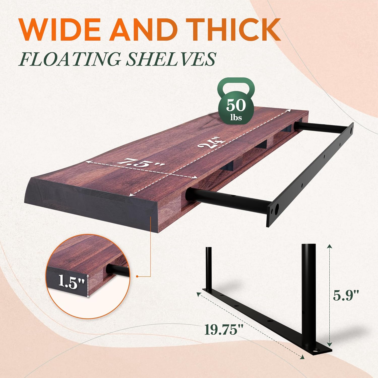 24" Acacia Live Edge Floating Shelves Set of 2 - Wall Mounted Wooden Shelf for Stylish Home Décor - Cherry Color 24x7.5x1.5 Inches