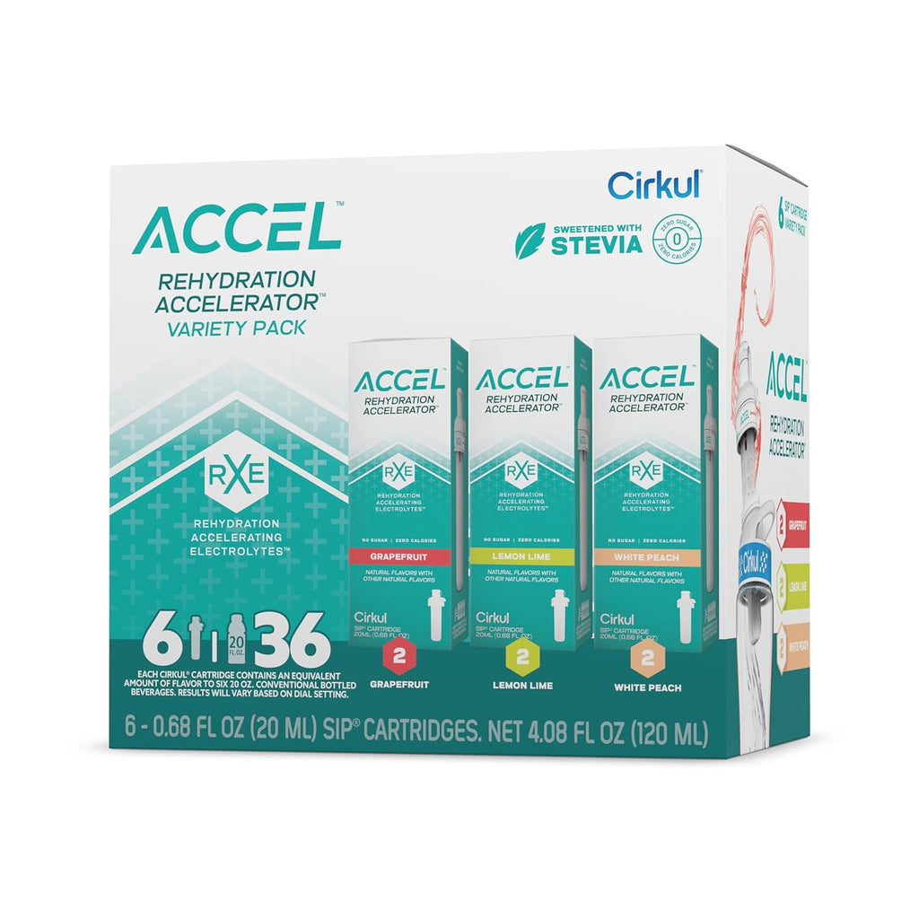 Cirkul Accel Flavor Cartridge Variety Pack with Electrolytes, 6-Pack (2 Grapefruit, 2 Lemon Lime, 2 White Peach), No Sugar, Zero Calorie Drink Mix