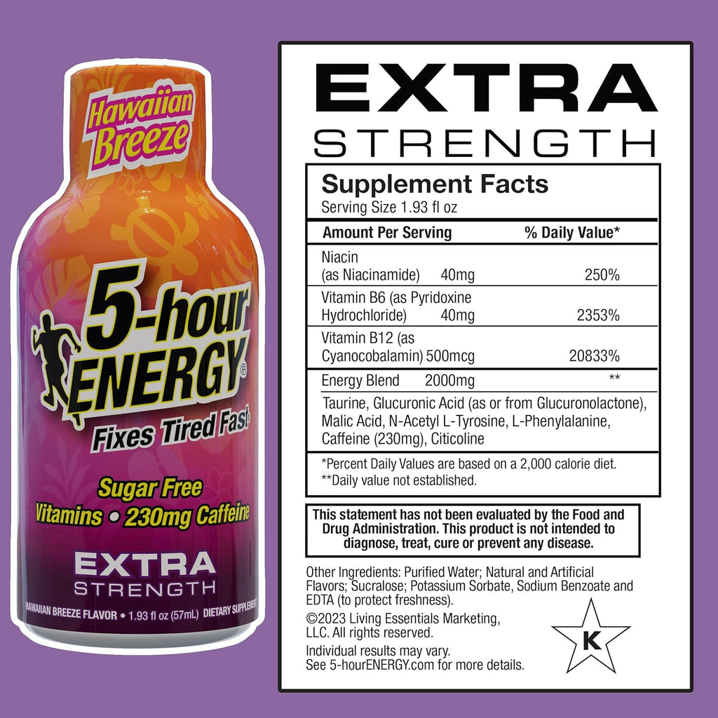 5-hour ENERGY Extra Strength Energy Shot, Hawaiian Breeze Flavor (1.93 oz. - 24 Count) Zero Calories & Sugar-Free 230 mg Caffeinated Energy Shot, Amino Acids & B Vitamins, Dietary Supplements