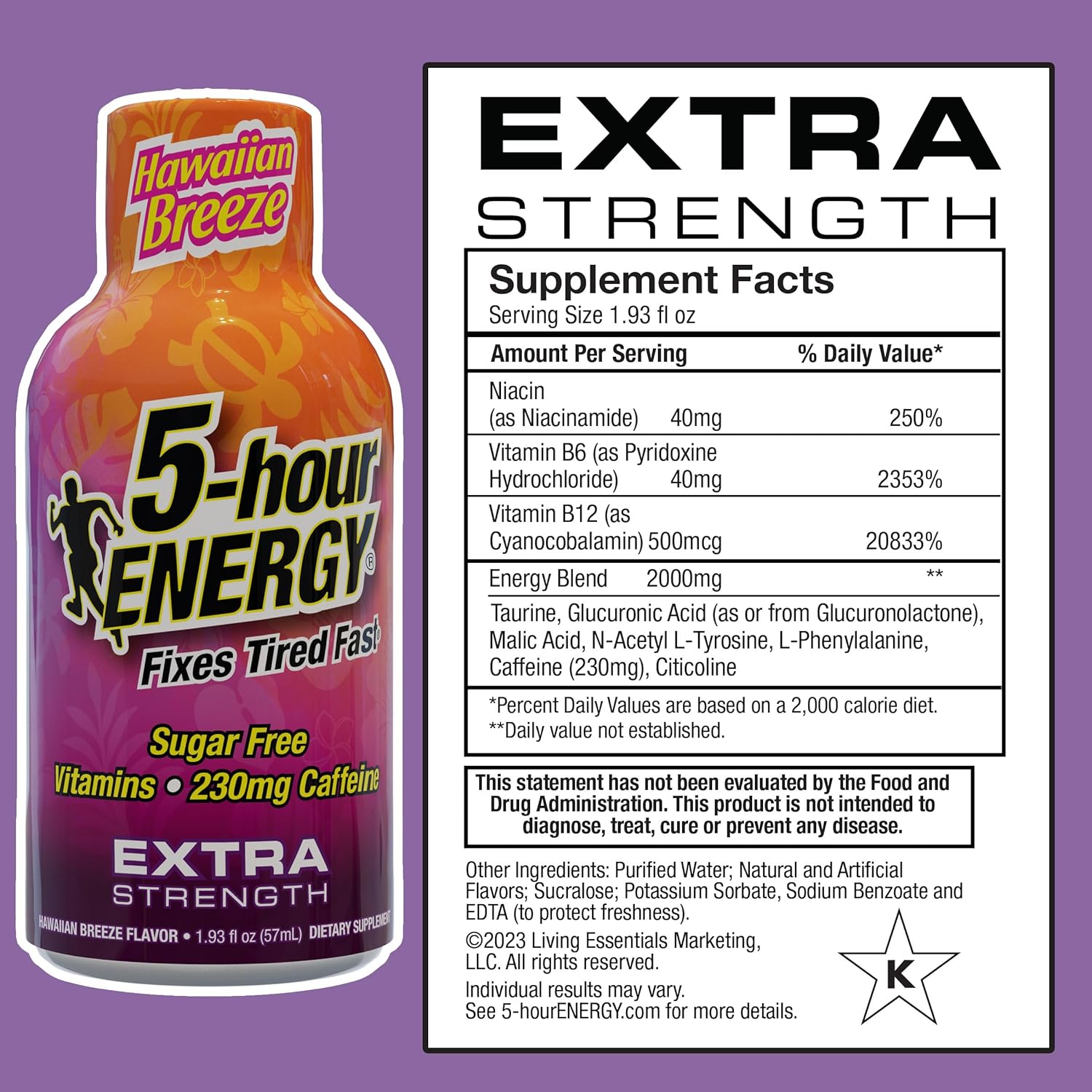 5-hour ENERGY Extra Strength Energy Shot, Hawaiian Breeze Flavor (1.93 oz. - 24 Count) Zero Calories & Sugar-Free 230 mg Caffeinated Energy Shot, Amino Acids & B Vitamins, Dietary Supplements