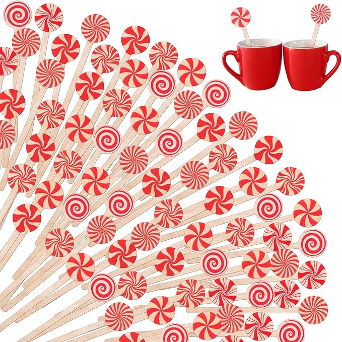 Sliner 120 Pcs 6 Inches Christmas Wooden Coffee Stir Sticks Stripe Candy Coffee Stirrers Disposable Drink Stirrers Candy Beverage Mixer with Round Ends for Cocktail Hot Drinks Party Supplies
