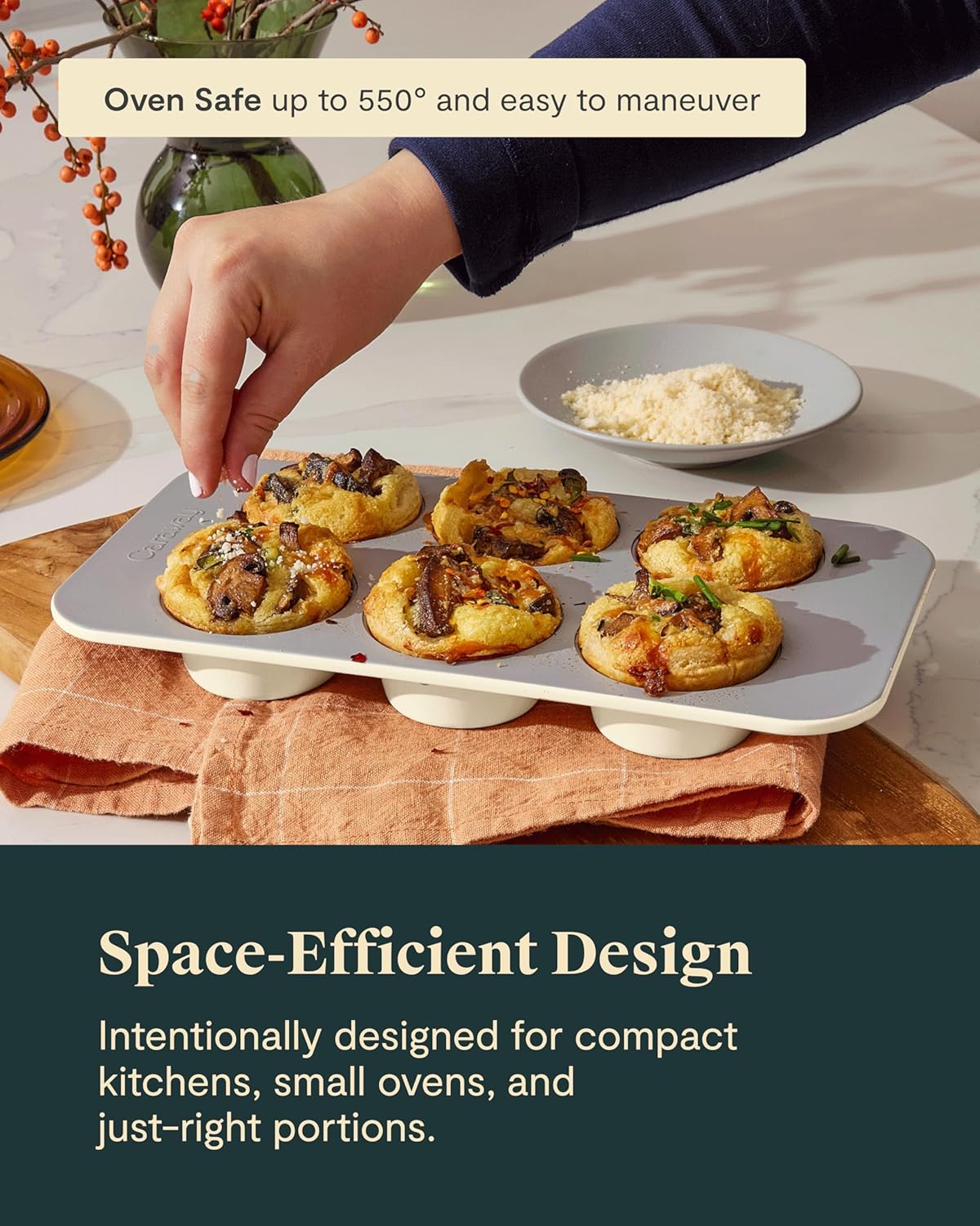 Caraway Nonstick Ceramic 6 Cup Muffin Pan Duo – Non-Toxic, PTFE & PFOA Free – Oven Safe – Aluminized Steel Core – Small Muffin Pan for Baking Cupcakes, Muffins & More - Gray