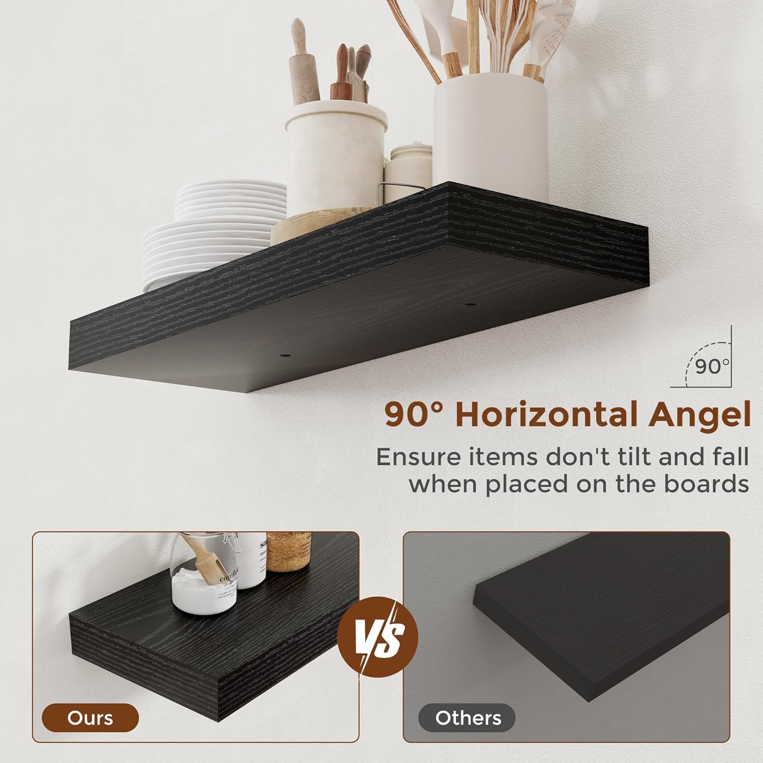 Heimlove 24 Inch Floating Shelves for Wall Black Shelves Set of 2,Wall Mounted Rustic Wood 8 Inch Deep Floating Shelf with Invisible Brackets for Bedroom Kitchen Living Room