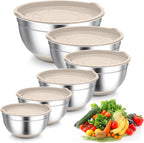 TeamFar Khaki Mixing Bowls, 6-Piece Stainless Steel Nesting Salad Bowls with Lid Set for Prepping Baking, Non-Toxic & Stackable, Air-Tight Lid & Non Slip Bottom, 4.6/2.6/2/1.5/1 / 0.7 QT
