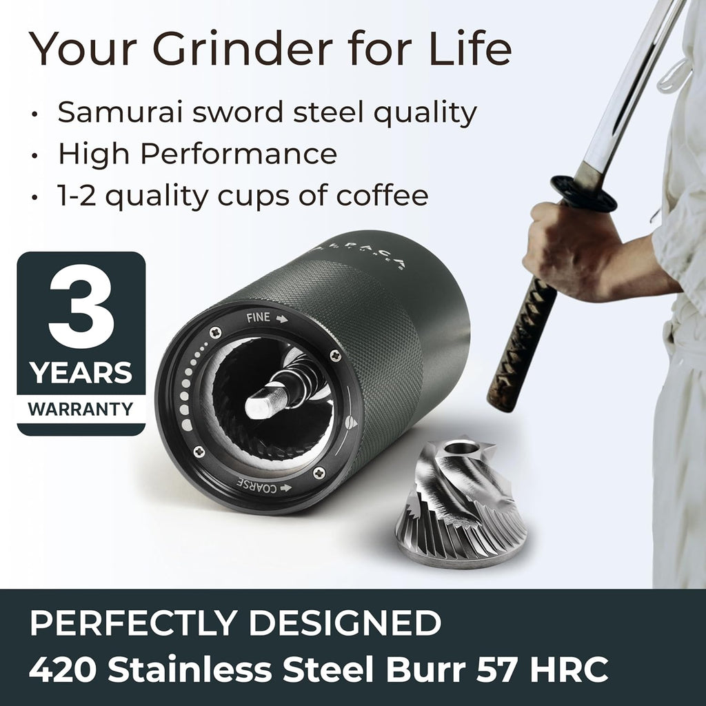 Manual Coffee Grinder by Alpaca Ventures - Stainless Steel Conical Burr Coffee Grinder Manual with Adjustable Setting Double Bearing Hand Espresso Grinder Perfect for Home, Office and Camping