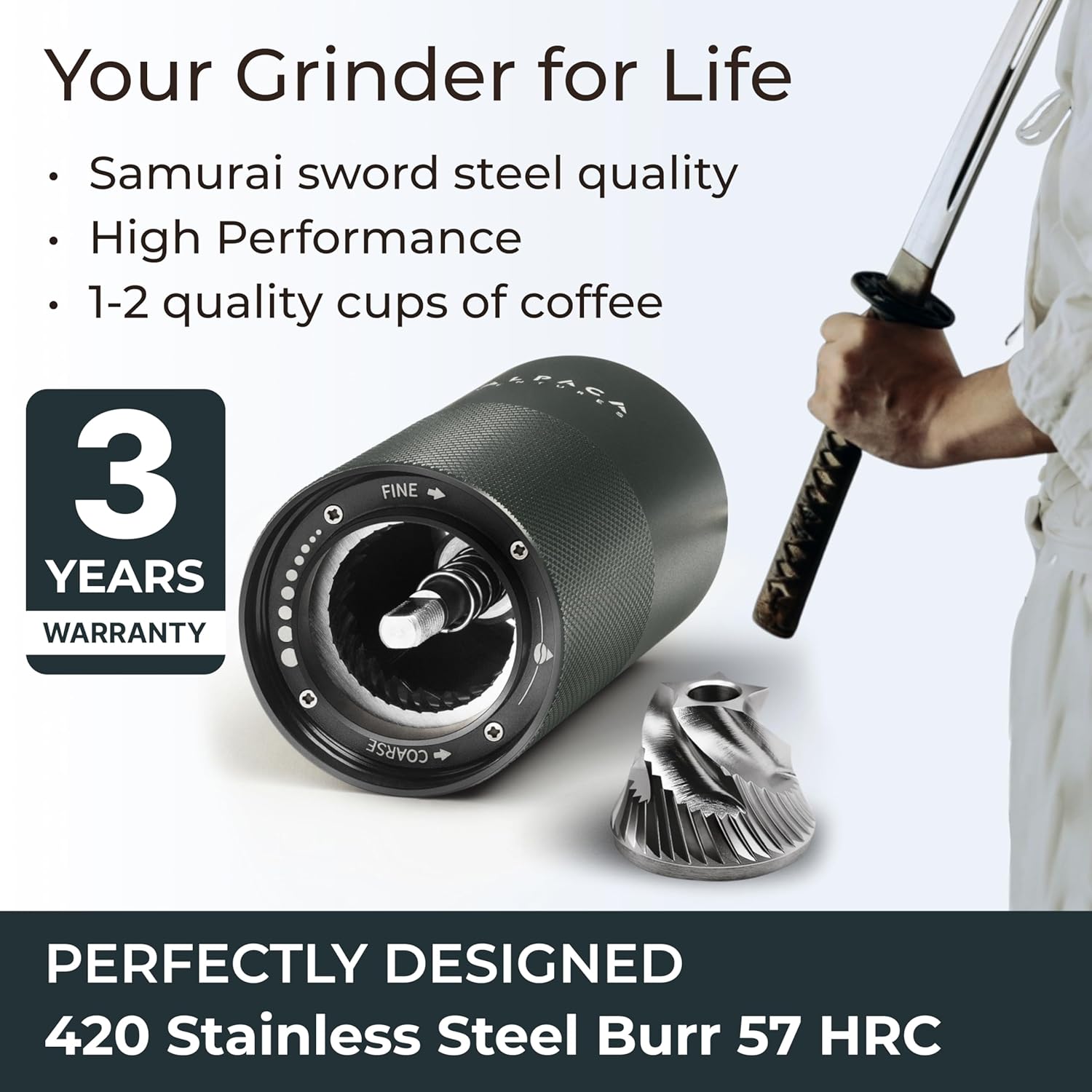 Manual Coffee Grinder by Alpaca Ventures - Stainless Steel Conical Burr Coffee Grinder Manual with Adjustable Setting Double Bearing Hand Espresso Grinder Perfect for Home, Office and Camping