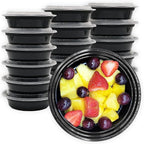 MULMEHË Plastic Food Storage Take-Out Container and Lid Combo, 32 oz, Microwaveable, Round, Black, 7x2”, Set of 150