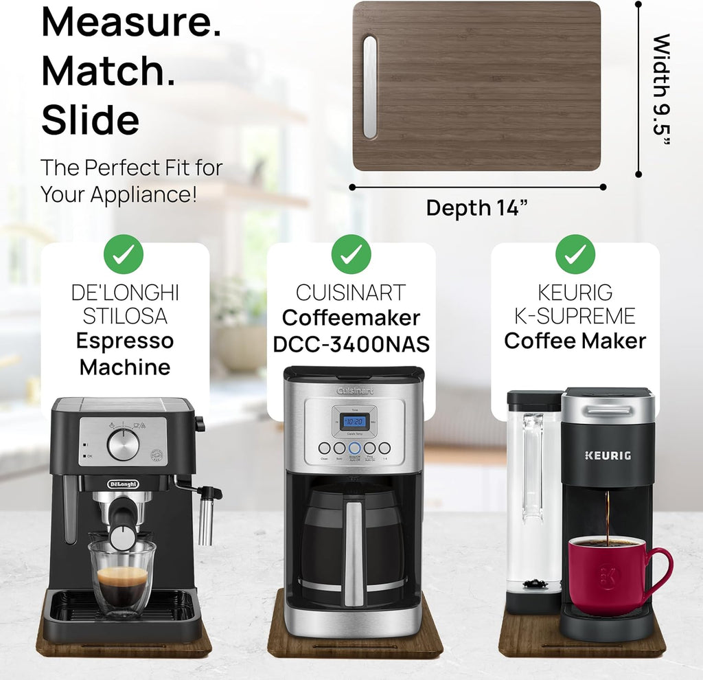 Ibyx Elegant Sliding Tray for Your Coffee Maker & Heavy Kitchen Appliances - Sturdy, Slides Easily from Under The Cabinet (Brown, 9.5”W x 14”D)