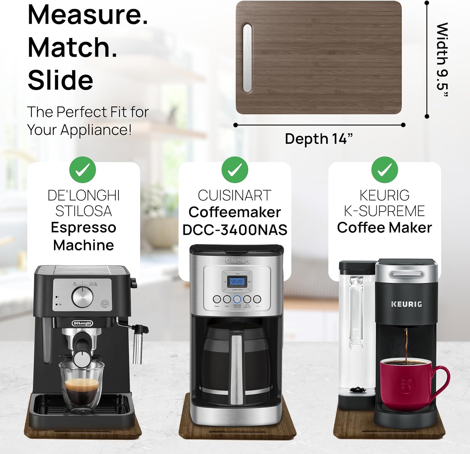 Ibyx Elegant Sliding Tray for Your Coffee Maker & Heavy Kitchen Appliances - Sturdy, Slides Easily from Under The Cabinet (Brown, 9.5”W x 14”D)