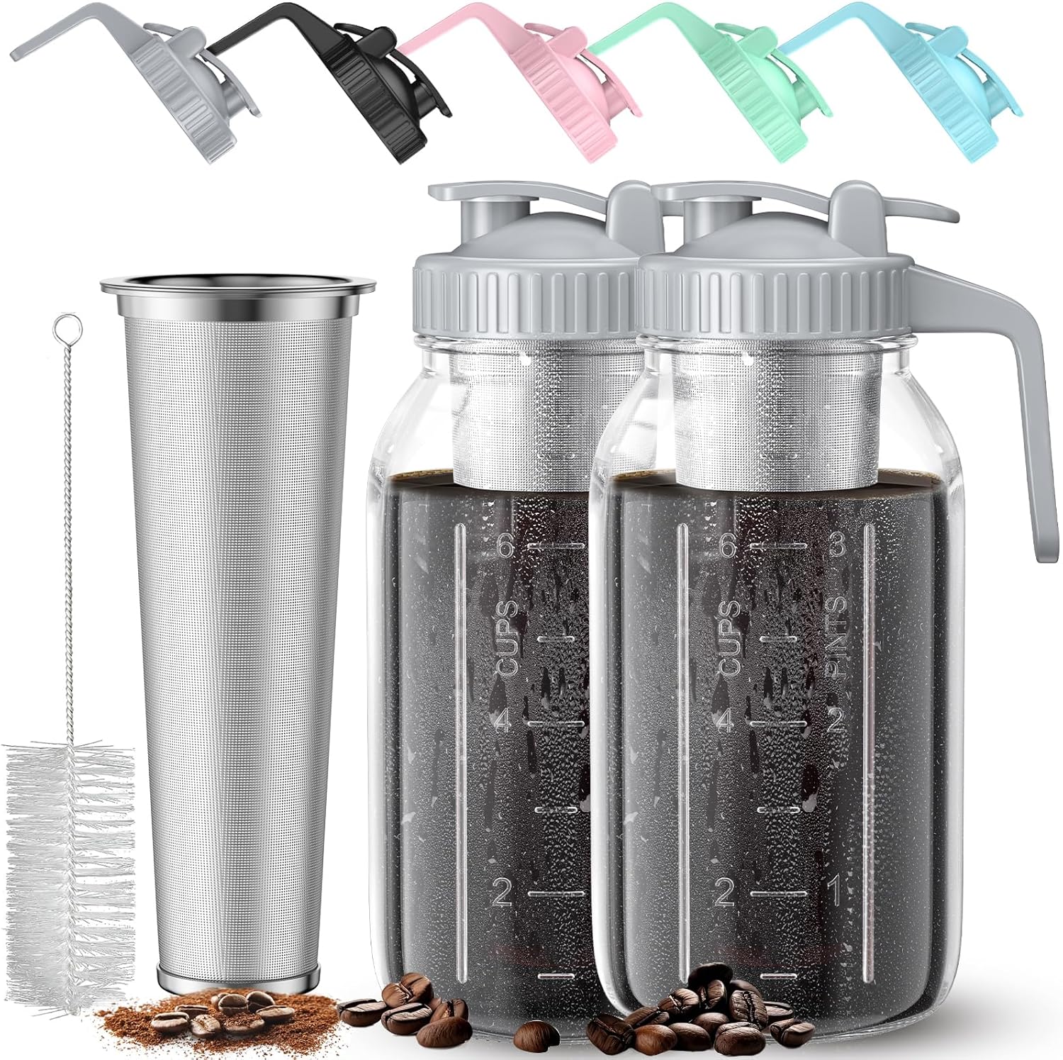 2 Pack 64 oz(2 Quart / 1.9 Liter) Cold Brew Coffee Maker Jar - Glass Cold Brew Maker with Handle, Stainless Steel Filter&Leak-Proof Lid, Heavy Duty Cold Brew Pitcher for Iced Coffee, Sun Tea, and Milk
