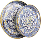 Round Decorative Trays Set of 2, Modern Plastic Serving Tray with Handles for Living Room, Coffee Table, Kitchen, Ottoman, Boho Blue, Large 13", Small 11.8"