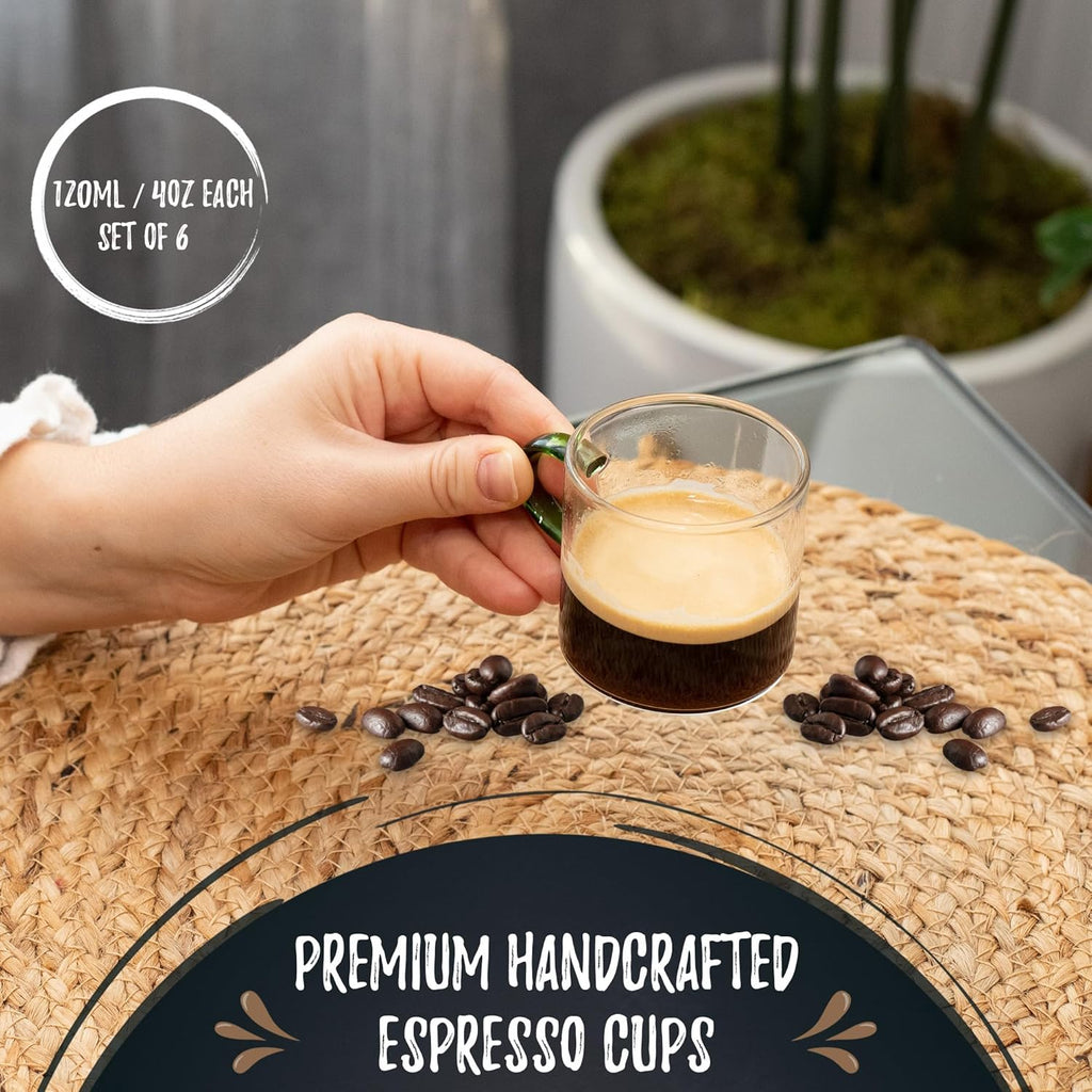 Bacimi® Clear Espresso Cups with Colorful Handles - Set of 6 / 4oz / 120ML - Borosilicate Glass Mugs for Cappuccino, Tea, Latte, & Hot Beverage - Mini Drinking Cups - Microwave Safe