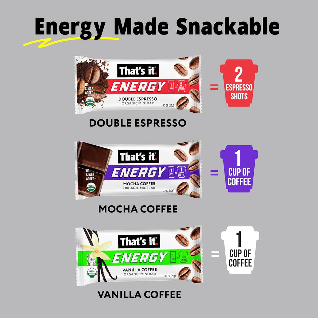 That’s it. Organic Energy Coffee Mini Bars - (6 each of Vanilla, Mocha, Double Espresso) Grab and Go, No Added Sugars, Non-GMO, Caffeine Power Snack, Kosher, Allergy Friendly (Variety - 18 Count)