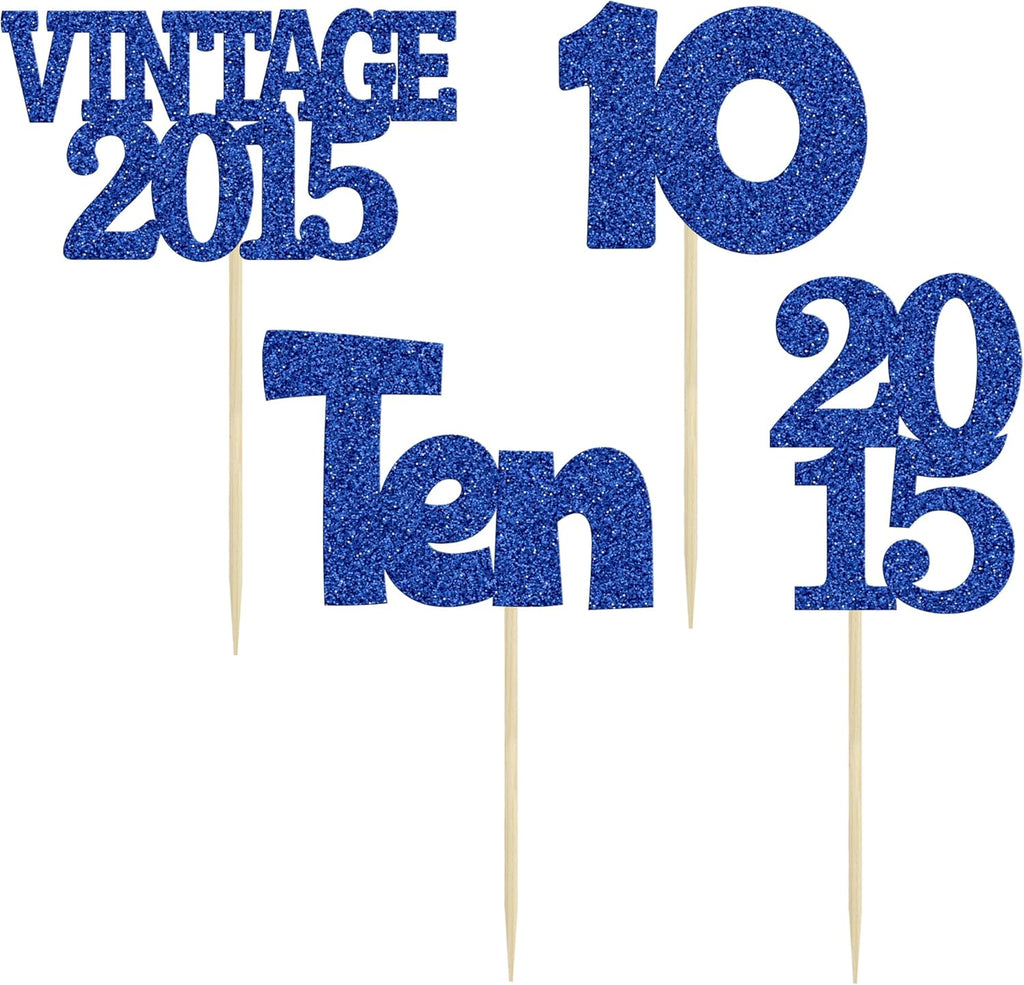 Gyufise 24Pcs 10th Birthday Cupcake Toppers Glitter Ten Vintage 2015 Double Digits 10 Cupcake Picks Birthday Cake Decorations for Happy 10th Birthday Anniversary Party Supplies Deep Blue